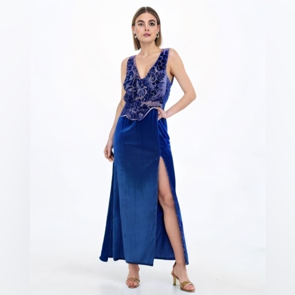 Céline New York Vintage Blue Velvet Embroidered Floral Bodice Formal Prom Dress - Picture 1 of 14